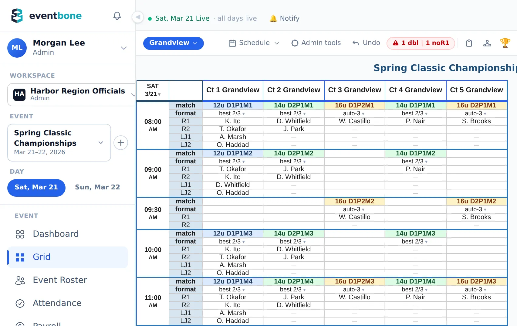 The Eventbone officials schedule for a sample tournament: five courts across the top, match times down the side, and the referees, line judges, and scorekeepers assigned to each match.